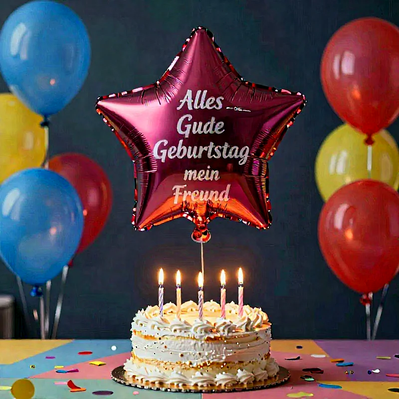 Ein festliches Geburtstagsbild mit einer weißen Torte, fünf brennenden Kerzen und einem glänzenden roten Sternenballon, der mit „Alles Gute Geburtstag mein Freund“ beschriftet ist. Bunte Luftballons und Konfetti schmücken den fröhlichen Anlass.