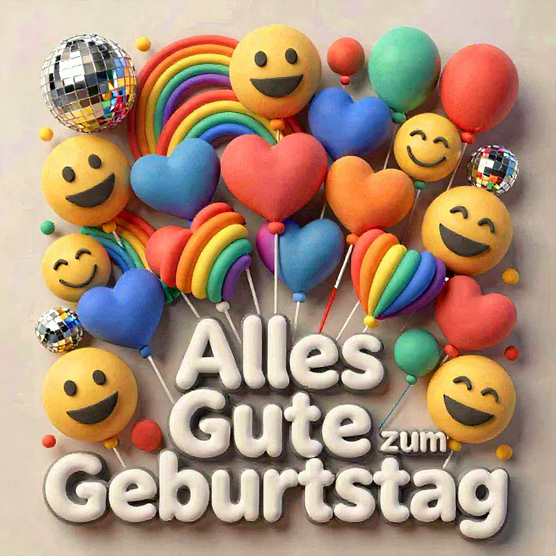 Ein fröhliches Grußbild mit dem Schriftzug „Alles Gute zum Geburtstag“, umgeben von bunten Herzen, lächelnden Emojis, glitzernden Discokugeln, Luftballons und kleinen Regenbögen, alles in einem spielerischen 3D-Stil.