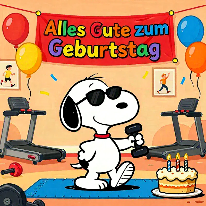 Ein cooler Snoopy mit Sonnenbrille und Hantel feiert Geburtstag auf einer Trainingsmatte. Eine festliche Torte mit Kerzen und bunte Ballons schmücken den Raum, dazu ein "Alles Gute zum Geburtstag" Banner.
