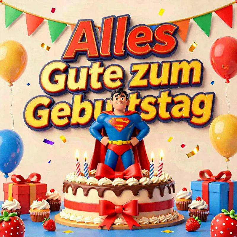 Detailreiche Superman-Figur auf festlicher Geburtstagstorte mit brennenden Kerzen. Bunte Ballons, hübsche Geschenke und süße Cupcakes umrahmen die Szene, die eine heldenhafte Geburtstagsfreude mit Konfetti und Girlanden verbreitet.