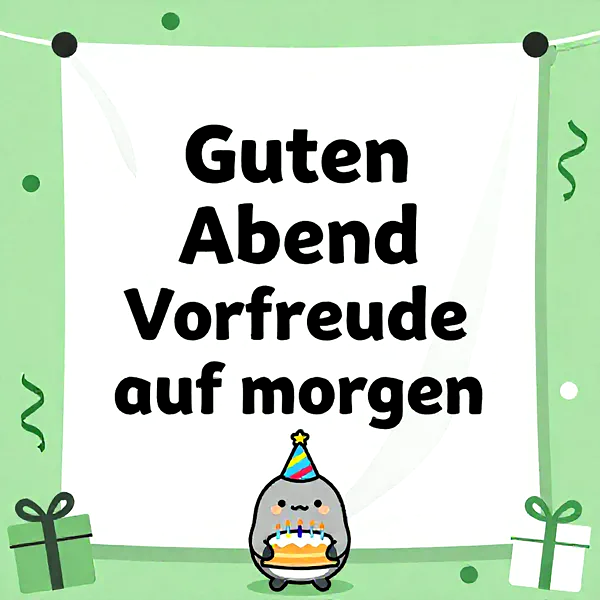 Ein niedliches, graues Wesen mit Partyhut und Geburtstagstorte, umgeben von festlichen Geschenken und Konfetti auf grünem Hintergrund. Der liebevolle Abendgruß weckt süße Vorfreude auf den nächsten Tag.