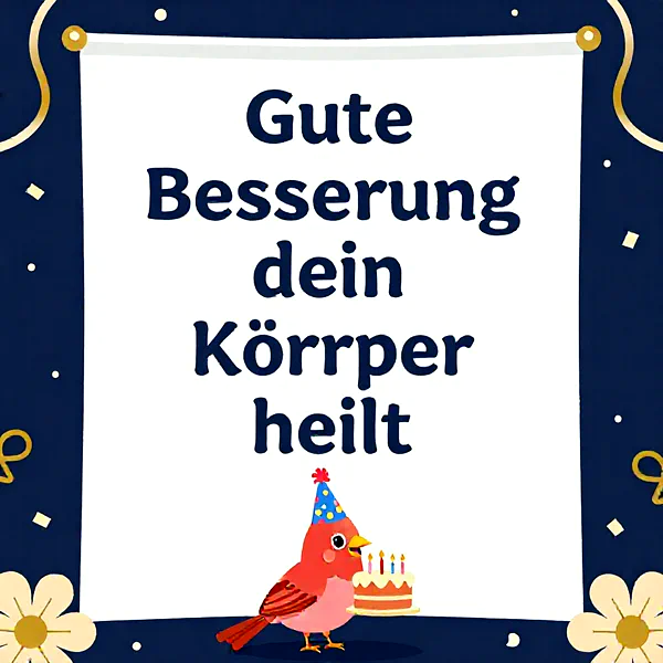 Ein entzückender roter Vogel mit blauem Partyhut hält eine Geburtstagstorte mit vier Kerzen. Der Hintergrund ist dunkelblau mit goldenen Verzierungen und weißen Blumen. Der Text lautet: 'Gute Besserung dein Körper heilt'.