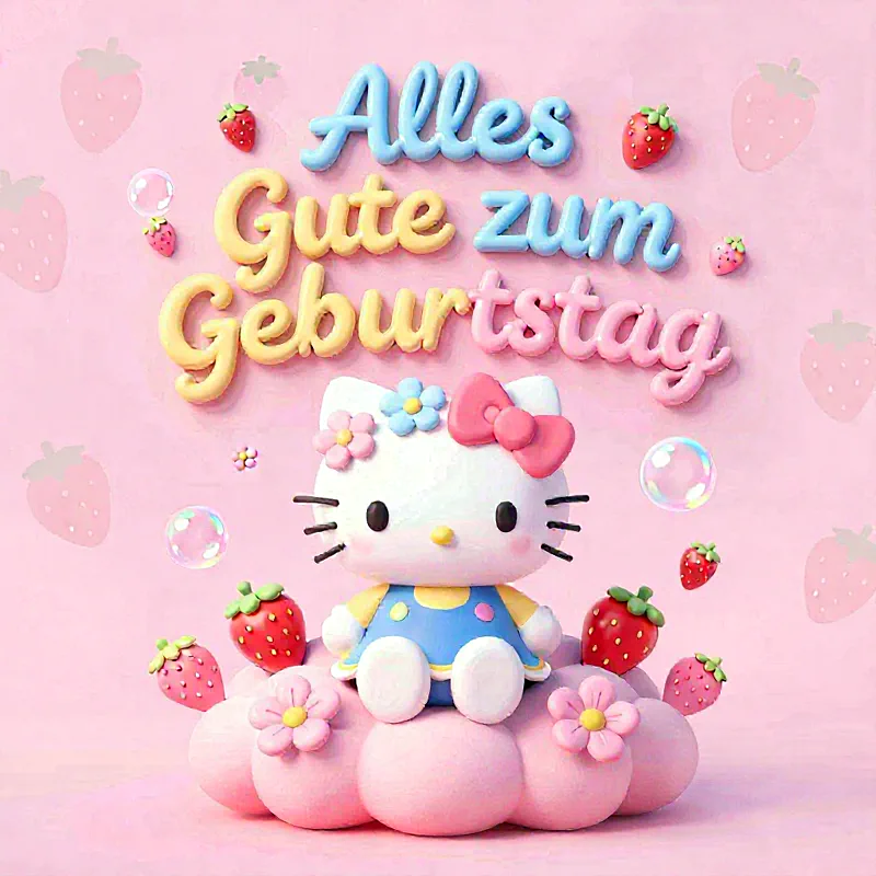 Eine bezaubernde Hello Kitty Figur im blauen Overall sitzt auf einer rosa Wolke, umgeben von roten Erdbeeren und kleinen Blüten. Der 3D-Schriftzug „Alles Gute zum Geburtstag“ in sanften Farben schwebt darüber, alles auf einem hellrosa Hintergrund mit dezenten Erdbeermotiven.