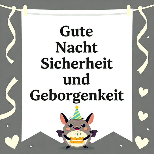Niedliches Fledermaus-Tierchen mit Partyhut hält eine Geburtstagstorte mit vier brennenden Kerzen. Die Karte vermittelt eine warme, geborgene Gute-Nacht-Stimmung. Herzchen und Bänder auf grauem Hintergrund umrahmen das süße Motiv.