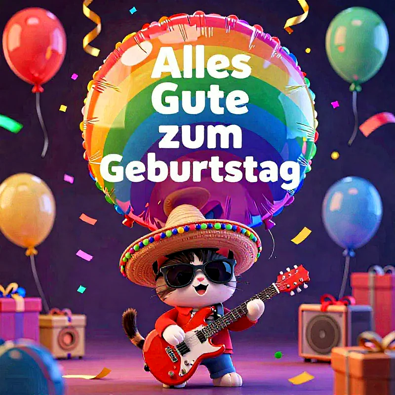 Eine niedliche Katze mit Sombrero und Sonnenbrille spielt rote E-Gitarre. Im Hintergrund schwebt ein großer Regenbogen-Geburtstagsballon mit dem Gruß 'Alles Gute zum Geburtstag'. Bunte Ballons und Geschenke schaffen eine fröhliche, festliche Szene.