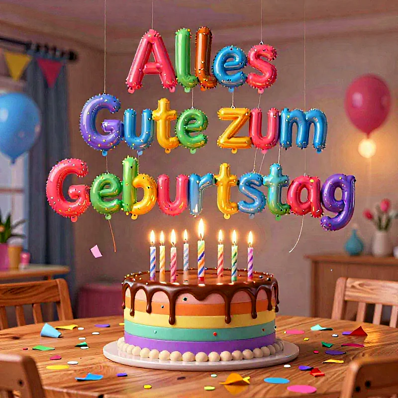 Buntes Geburtstagsbild mit hängenden Folienballons, die „Alles Gute zum Geburtstag“ buchstabieren. Eine farbenfrohe Regenbogen-Torte mit Schokoladenglasur und acht brennenden Kerzen steht auf einem Holztisch, umgeben von Konfetti.