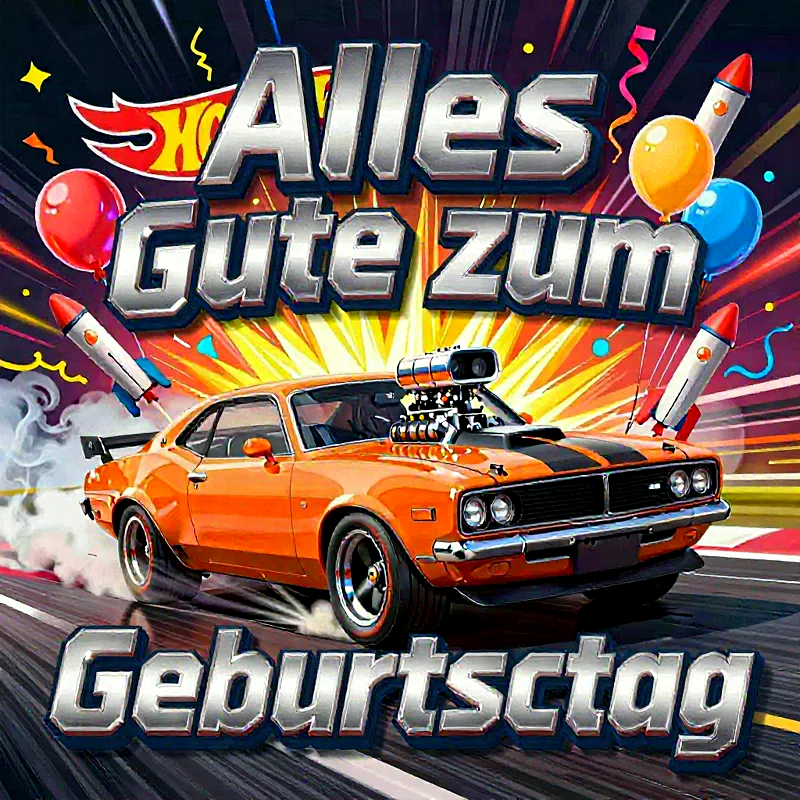 Ein orangefarbenes Muscle-Car mit Raketen und Luftballons, umgeben von festlicher Atmosphäre.