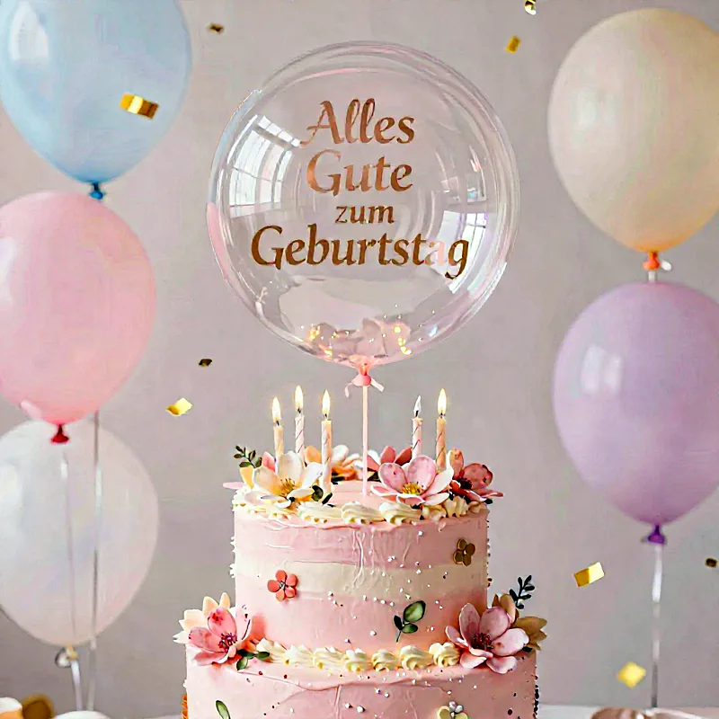 Festliche rosa Geburtstagstorte mit Blumen und brennenden Kerzen. Ein transparenter Ballon mit 'Alles Gute zum Geburtstag' schwebt darüber. Bunte Pastellballons und goldenes Konfetti erzeugen eine fröhliche Stimmung.