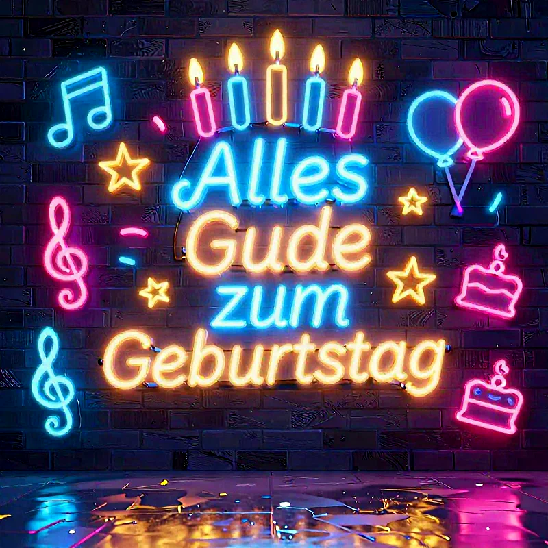 Leuchtender Neon-Schriftzug 'Alles Gude zum Geburtstag' auf dunkler Ziegelwand. Bunte Neon-Lichter formen Kerzen, Musiknoten, Sterne, Ballons und Tortenstücke. Eine festliche, moderne Grußkarte mit lebendigen Farben und Lichtreflexen für Geburtstagsfreuden.