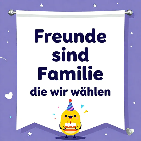 Ein charmantes Banner mit dem Spruch "Freunde sind Familie die wir wählen" zeigt ein niedliches gelbes Küken mit Partyhut, das eine Geburtstagstorte mit leuchtenden Kerzen hält, umgeben von Konfetti auf einem lila Hintergrund.