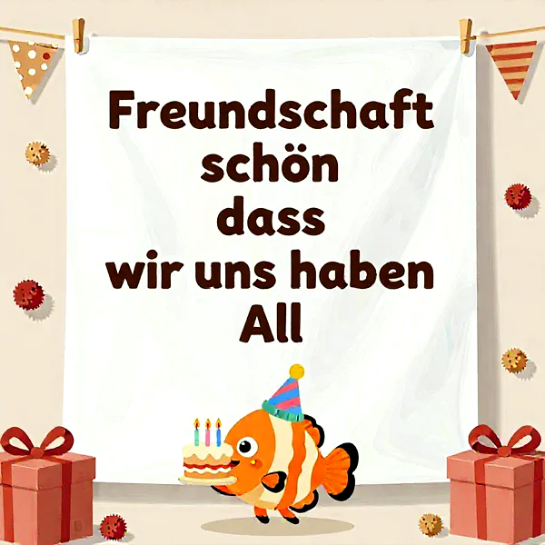 Ein süßer Clownfisch trägt stolz eine Geburtstagstorte mit vier Kerzen und Partyhut. Daneben stehen rote Geschenke in einer festlichen Umgebung. Die Illustration vermittelt fröhliche Glückwünsche und feiert Freundschaft.
