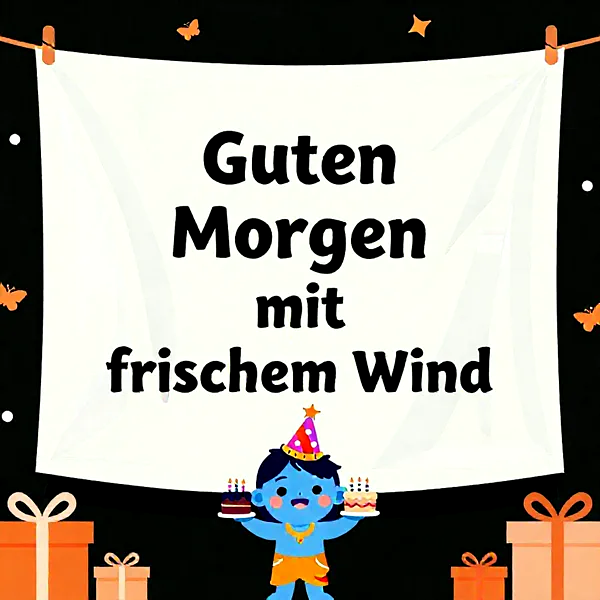 Ein süßes Kind mit Partyhut hält zwei kleine Torten in den Händen, umgeben von Geschenken und Schmetterlingen.
