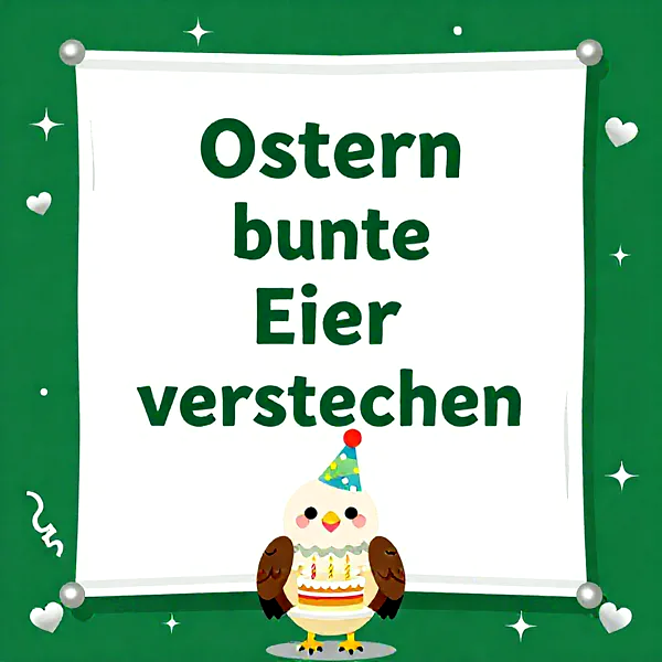 Ein niedliches Küken mit einer Geburtstagstorte und einem Partyhut vor einem grünen Hintergrund.