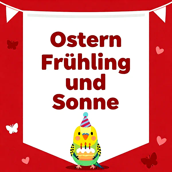 Ein niedlicher Vogel mit Partyhut hält eine Torte, umgeben von Schmetterlingen und Herzen auf rotem Hintergrund.