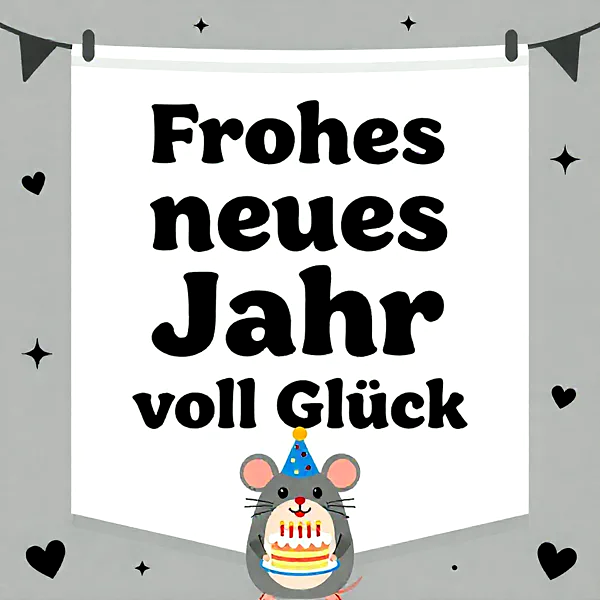 Niedliche graue Maus mit blauem Partyhut hält eine bunte Torte mit Kerzen. Ein Banner mit 'Frohes neues Jahr voll Glück' hängt vor einem festlichen Hintergrund mit Herzen und Sternen.