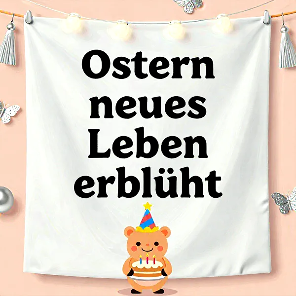 Niedlicher Bär mit Geburtstagstorte und Partyhut vor einem Banner mit der Aufschrift 'Ostern neues Leben erblüht'.