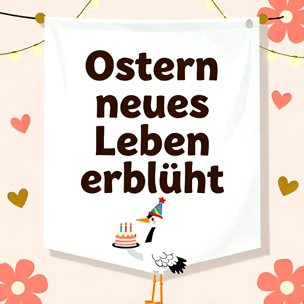 Ein Storch mit einer Geburtstagstorte und einem bunten Partyhut vor einem Banner mit der Aufschrift 'Ostern neues Leben erblüht'.
