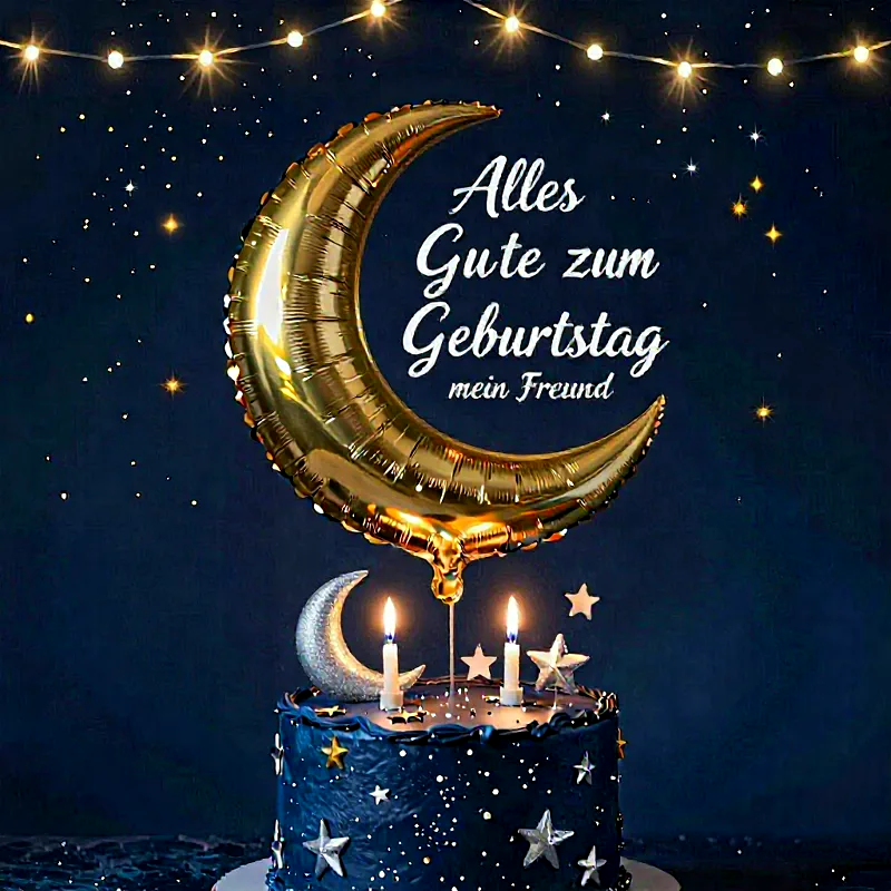 Festliche Geburtstagstorte im dunklen Nachthimmel-Design, geschmückt mit einem goldenen Halbmondballon, glitzernden Sternen und zwei brennenden Kerzen. Ein liebevoller Wunsch zum Geburtstag für einen Freund.