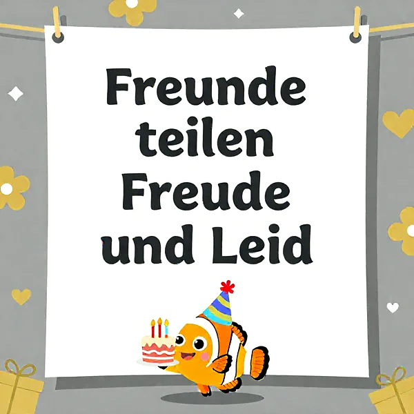 Ein fröhlicher Clownfisch mit bunter Partyhut und kleiner Geburtstagstorte mit drei Kerzen. Das niedliche Motiv teilt die Botschaft „Freunde teilen Freude und Leid“ auf einer weißen Karte, umgeben von gelben Blumen und Geschenken.
