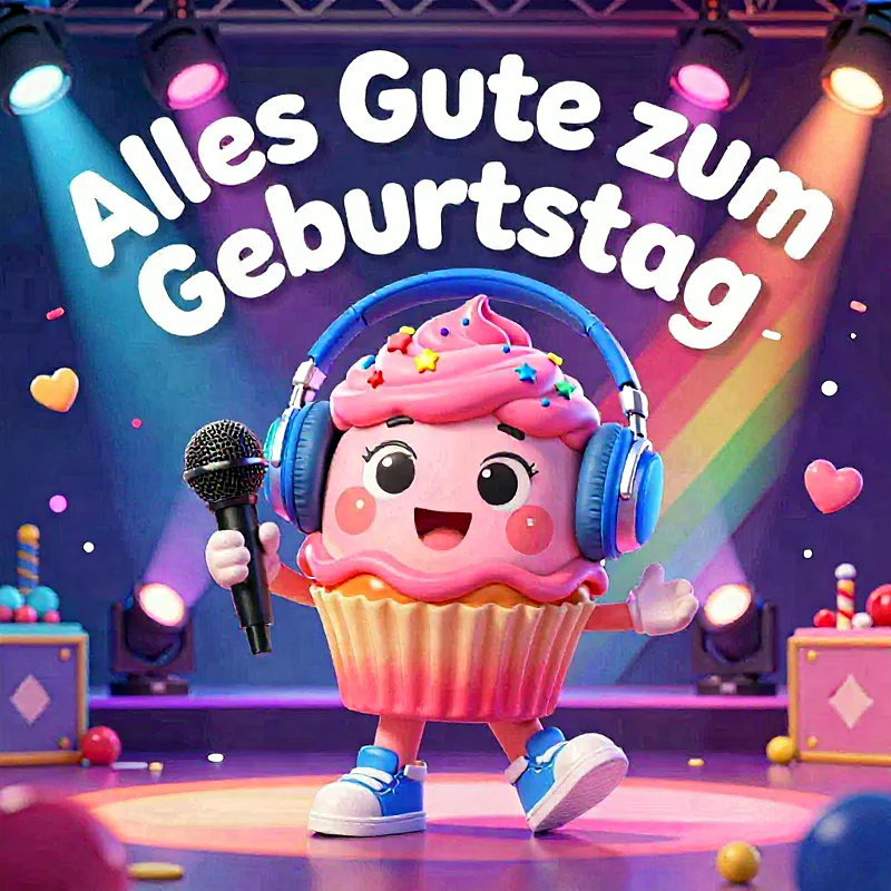 Ein süßer Cupcake-Charakter mit pinkem Frosting, bunten Streuseln und blauen Kopfhörern singt in ein Mikrofon auf einer farbenfroh beleuchteten Bühne, umgeben von Herzen und Party-Dekoration. Festliche Stimmung.