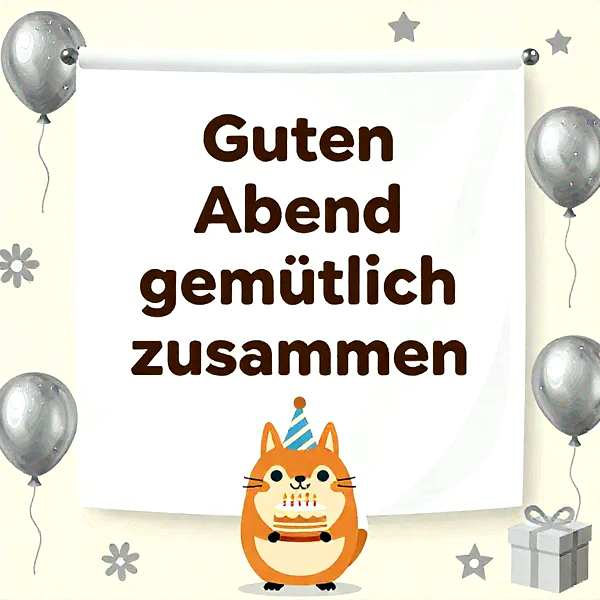 Süßes Eichhörnchen hält eine Geburtstagstorte, umgeben von Luftballons und Sternen, in einer festlichen Atmosphäre.