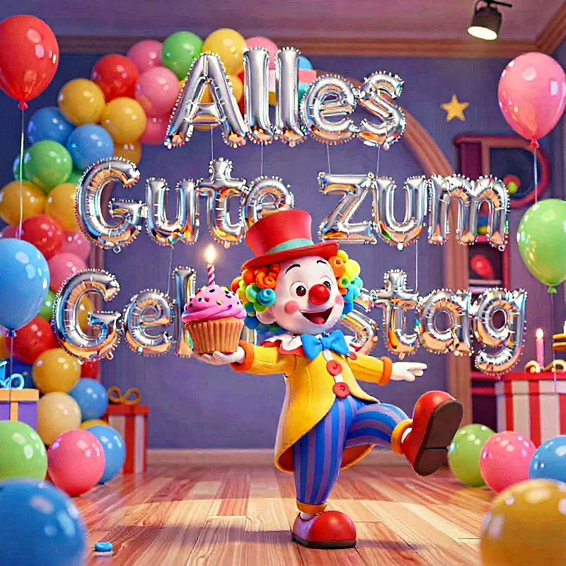 Ein lachender Clown mit roter Nase und bunter Perücke hält einen pinkfarbenen Cupcake mit brennender Kerze. Im Hintergrund schweben unzählige farbige Ballons in Silberfolienschrift, die 'Alles Gute Zum Geburtstag' buchstabieren, zusammen mit festlichen Geschenken.