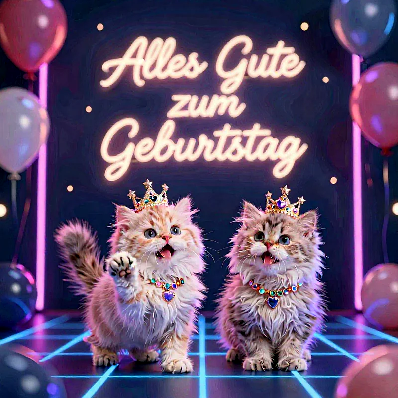 Zwei süße Kätzchen mit Krönchen und bunten Halsketten feiern. Ein Neon-Schriftzug 'Alles Gute zum Geburtstag' leuchtet im Hintergrund. Dazu Ballons und ein futuristischer Gitterboden in lebhaften Pink- und Blautönen für festliche Stimmung.