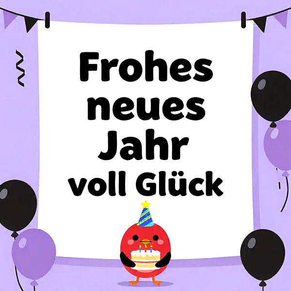 Ein niedlicher roter Vogel mit Partyhut hält eine festliche Torte mit Kerzen. Ein Banner zeigt 'Frohes neues Jahr voll Glück', umgeben von lila und schwarzen Ballons vor violettem Hintergrund mit Girlande.