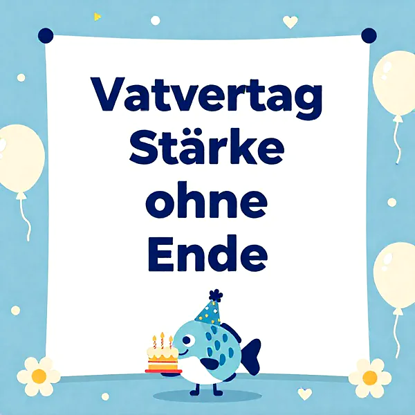 Ein süßer blauer Fisch mit Partyhut präsentiert eine kleine Geburtstagstorte mit Kerzen. Der hellblaue Hintergrund ist geschmückt mit weißen Luftballons, Herzen und Blumen. Eine fröhliche Karte für besondere Glückwünsche.