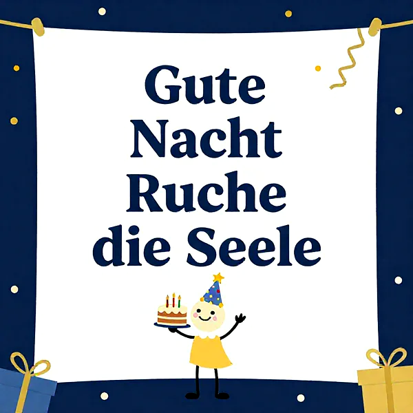 Ein niedlicher Charakter mit Partyhut hält eine Torte. Der Hintergrund ist dunkelblau mit goldenen Dekorationen und Geschenken. Auf einem Banner steht: Gute Nacht Ruhe die Seele. Ein liebevoller Wunsch für friedliche Träume.