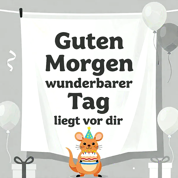 Ein niedliches, braunes Beuteltier mit Partyhut hält eine Geburtstagstorte mit leuchtenden Kerzen vor einem weißen Banner, umgeben von schwebenden Ballons und Geschenken, die einen fröhlichen und festlichen Start in den Tag wünschen.