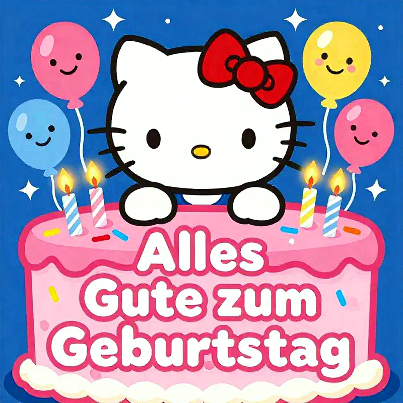Fröhliche Hello Kitty auf einer rosa Geburtstagstorte, umgeben von bunten Ballons und brennenden Kerzen. Ein süßer Geburtstagsgruß voller festlicher Freude.