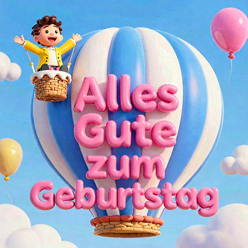 Ein fröhlicher Junge im Heißluftballon überbringt liebevolle Geburtstagsgrüße unter einem blauen Himmel. Pinkfarbene Schriftzüge und bunte Ballons schaffen eine festliche und süße Atmosphäre, ideal für herzliche Wünsche an einem besonderen Tag.