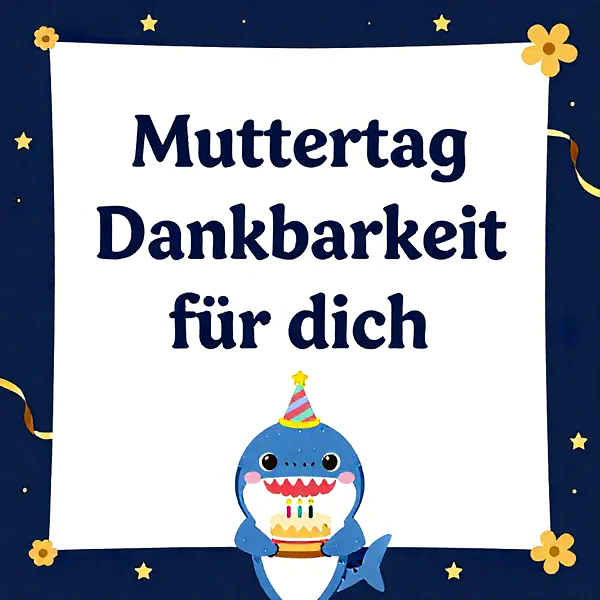 Niedlicher Baby Hai mit Partyhut und Geburtstagstorte hält ein Schild mit 'Muttertag Dankbarkeit für dich' vor einem festlichen Nachthimmel mit Sternen und goldenen Blumen.