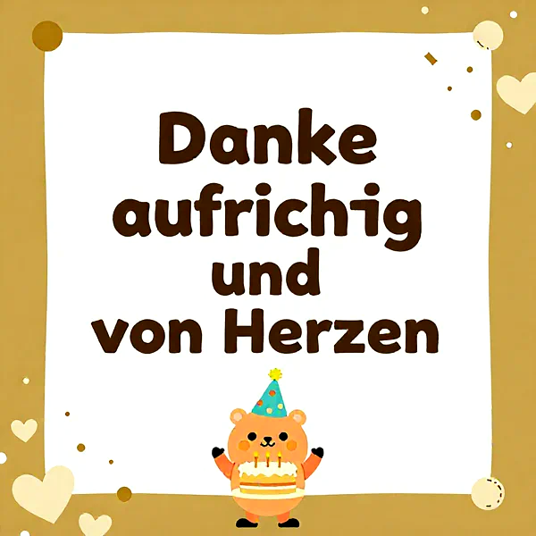 Süßer Bär mit Geburtstagstorte und Partyhut vor einer Dankeskarte mit warmherziger Botschaft.