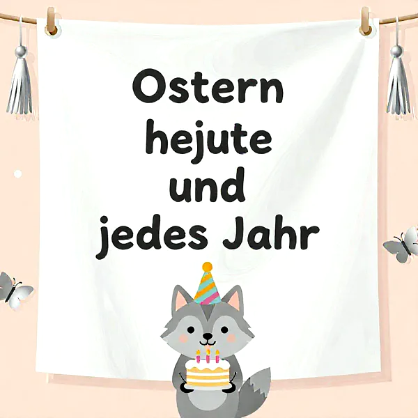 Ein entzückender kleiner Wolf mit bunter Partyhut und einer zweistöckigen Geburtstagstorte, deren Kerzen festlich leuchten, bringt von Herzen kommende Wünsche für einen besonderen Tag voller Freude.