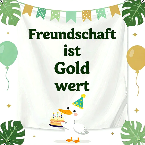 süße Ente mit Geburtstagstorte und Partyhut vor einer weißen Wand mit Girlanden und Ballons