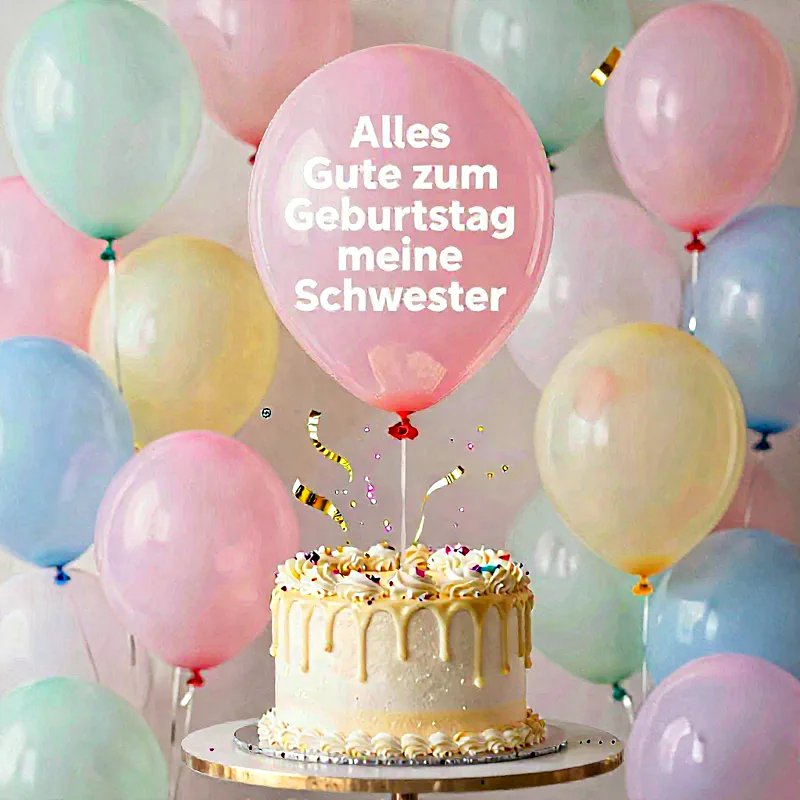Ein festliches Geburtstagsbild mit einer wunderschönen Torte voller bunten Streusel und zahlreichen Pastellballons. Ein großer pinker Ballon trägt die herzliche Botschaft: 'Alles Gute zum Geburtstag meine Schwester' in weißer Schrift.