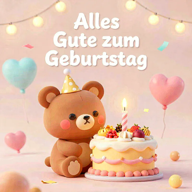 Ein süßer brauner Teddybär mit Partyhut sitzt liebevoll neben einer festlichen Geburtstagstorte mit brennender Kerze. Herzförmige Ballons und sanfte Lichterketten im Hintergrund schaffen eine warme, frohe Atmosphäre.
