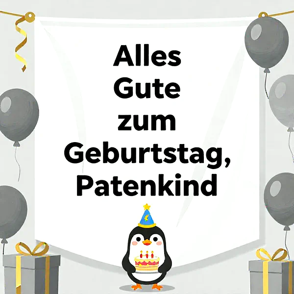 Ein entzückender Pinguin mit blauem Partyhut hält eine festliche Geburtstagstorte. Graue Ballons und Geschenke umrahmen die liebevollen Glückwünsche für ein Patenkind in fröhlicher Atmosphäre.