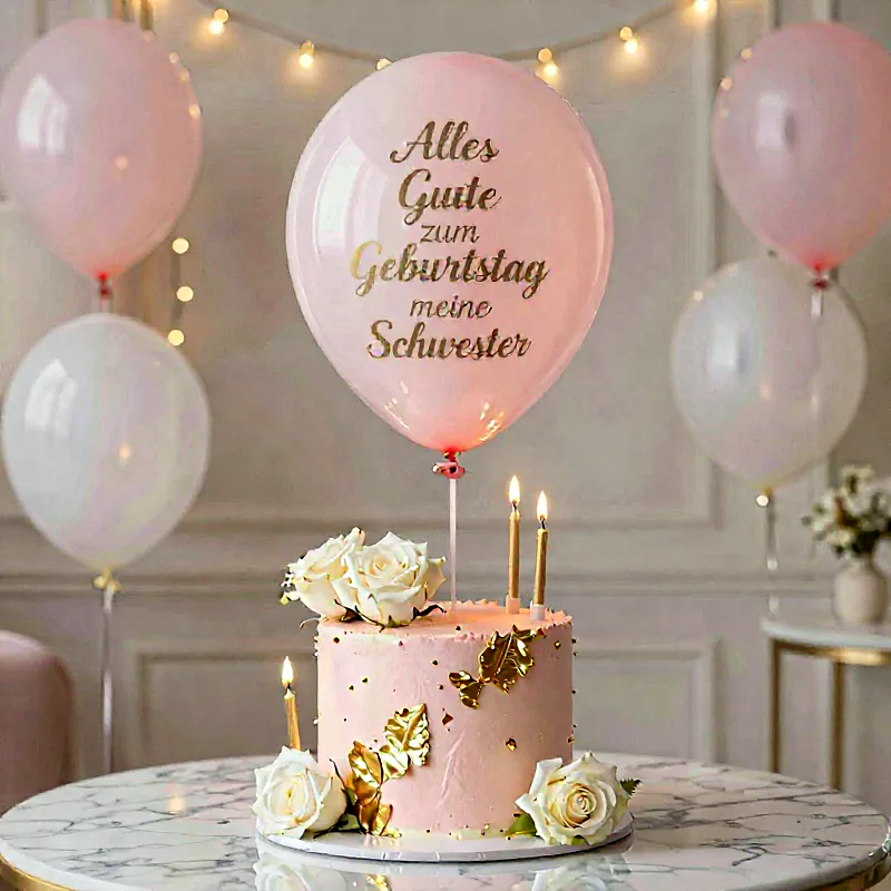 Zartrosa Geburtstagstorte mit weißen Rosen und goldenen Blättern auf Marmortisch. Brennende Kerzen schaffen festliche Atmosphäre. Ein großer rosa Ballon mit "Alles Gute zum Geburtstag meine Schwester" schwebt darüber, ergänzt durch weitere Ballons im Hintergrund.