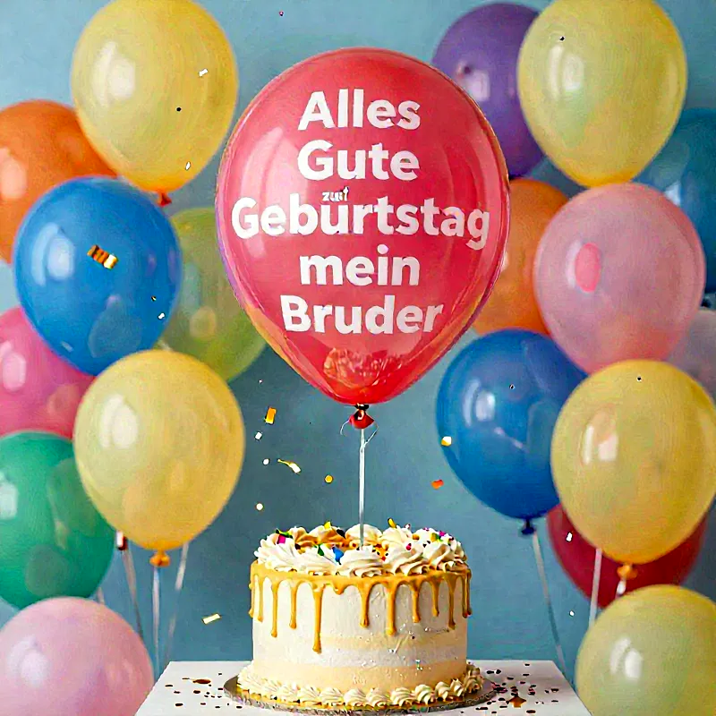 Eine festliche Geburtstagstorte mit gelbem Drip und Streuseln, umrahmt von einem Meer bunter Ballons. Ein großer roter Ballon trägt die Aufschrift 'Alles Gute zum Geburtstag mein Bruder'. Goldener Konfetti-Regen verleiht der Szene eine fröhliche und herzliche Atmosphäre.
