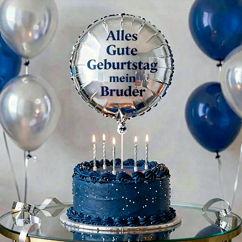 Eine dunkelblaue Geburtstagstorte mit leuchtenden Kerzen und einem silbernen Folienballon, der 'Alles Gute Geburtstag mein Bruder' verkündet. Dazu festliche blaue und silberne Ballons für liebevolle Geburtstagsgrüße.