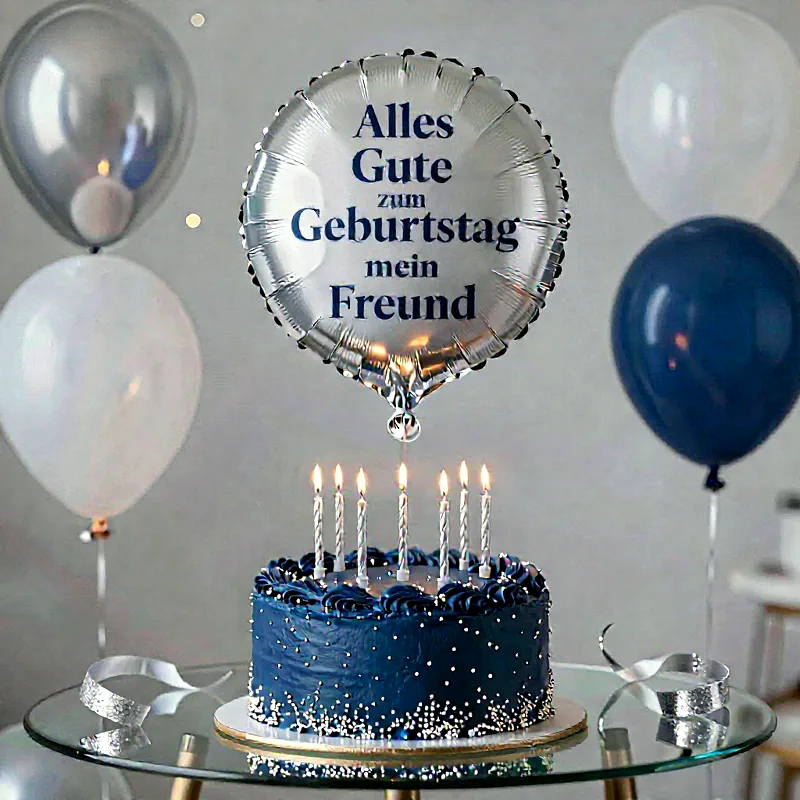 Ein festlicher dunkelblauer Geburtstagskuchen mit brennenden Kerzen auf einem Glastisch. Ein silberner Folienballon mit der Aufschrift 'Alles Gute zum Geburtstag mein Freund' schwebt über der eleganten Szene mit weiteren Ballons.