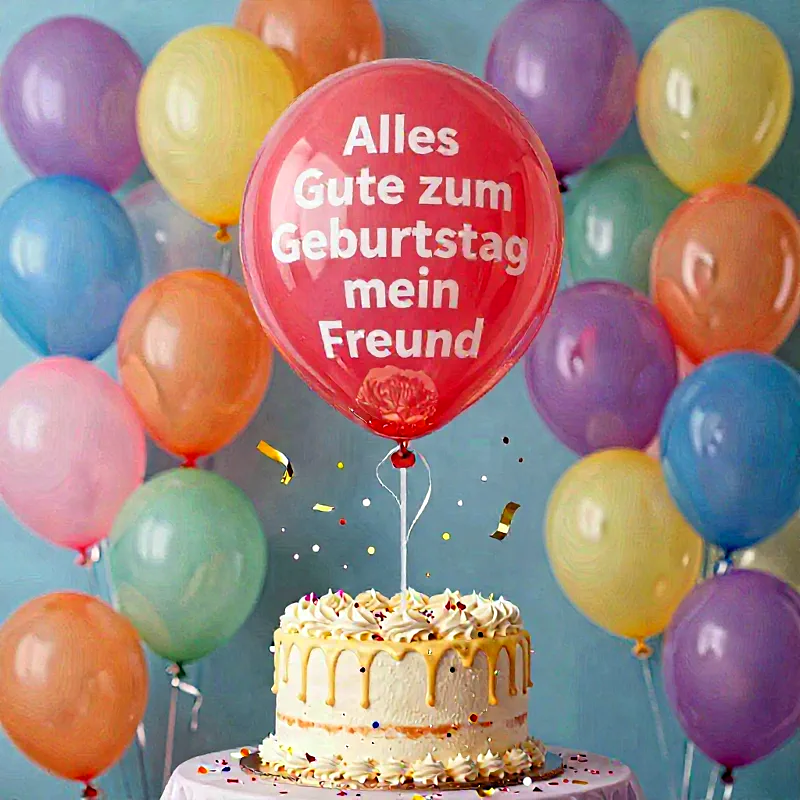 Festliche Geburtstagstorte mit goldenem Drip und bunten Streuseln, umgeben von schwebenden Pastellballons. Ein großer roter Ballon dominiert das Bild und überbringt die herzliche Botschaft: 'Alles Gute zum Geburtstag mein Freund'.