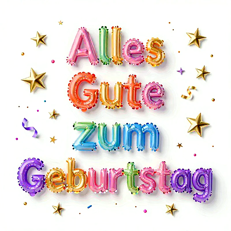 Bunte Ballonbuchstaben formen den Text 'Alles Gute zum Geburtstag', umgeben von goldenen Sternen und farbenfrohem Konfetti auf weißem Grund. Festliche, helle Gestaltung.