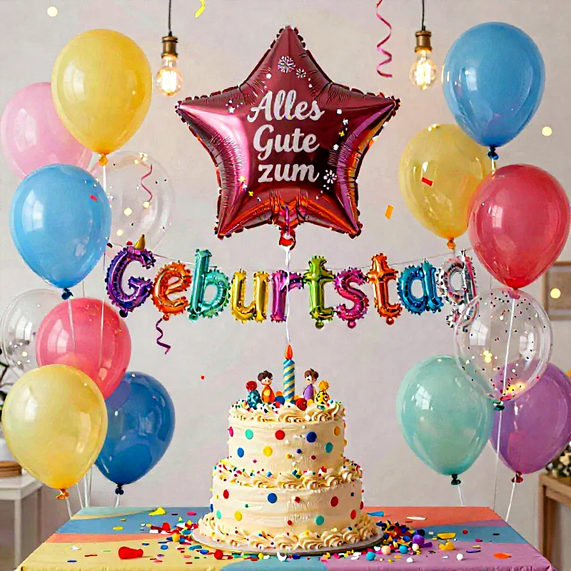 Zweistufiger Geburtstagkuchen mit bunten Punkten, konfettiübersät, umgeben von blassrosa, türkis, gelb und transparenten Ballons, blinkenden Lichtern und einem maronen Sternballon mit der Aufschrift 'Alles Gute zum Geburtstag'. Festive Atmosphäre auf gestreiftem Tisch.