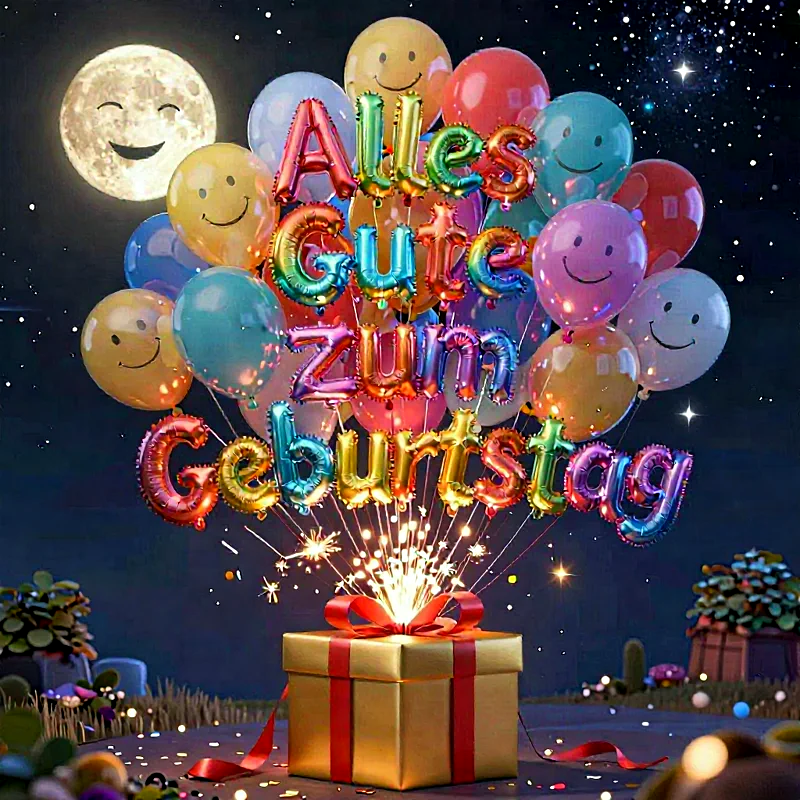 Goldene Geschenkbox mit rotem Band, bunte Luftballons mit lächelnden Gesichtern und die Aufschrift 'Alles Gute zum Geburtstag' vor nächtlichem Hintergrund.