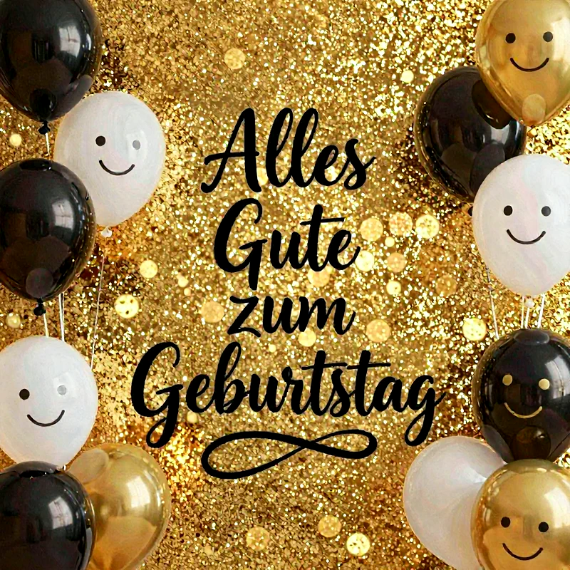 Geburtstagskarte mit goldenem Glitter-Hintergrund, schwarzen und weißen Luftballons mit lächelnden Gesichtern und der Aufschrift 'Alles Gute zum Geburtstag'.