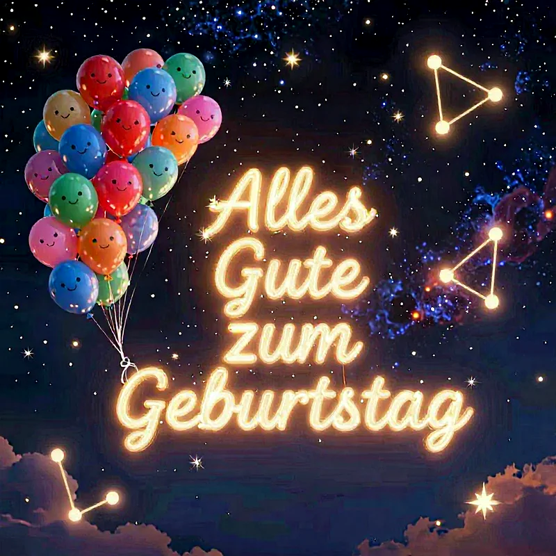 Bunte Ballons mit lächelnden Gesichtern schweben neben leuchtender Geburtstagsschrift in einer nächtlichen Sternenhimmel-Atmosphäre.
